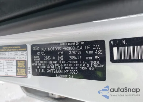 2020 Kia Forte Lxs z USA, uszkodzony, nr VIN 3KPF24AD8LE213920